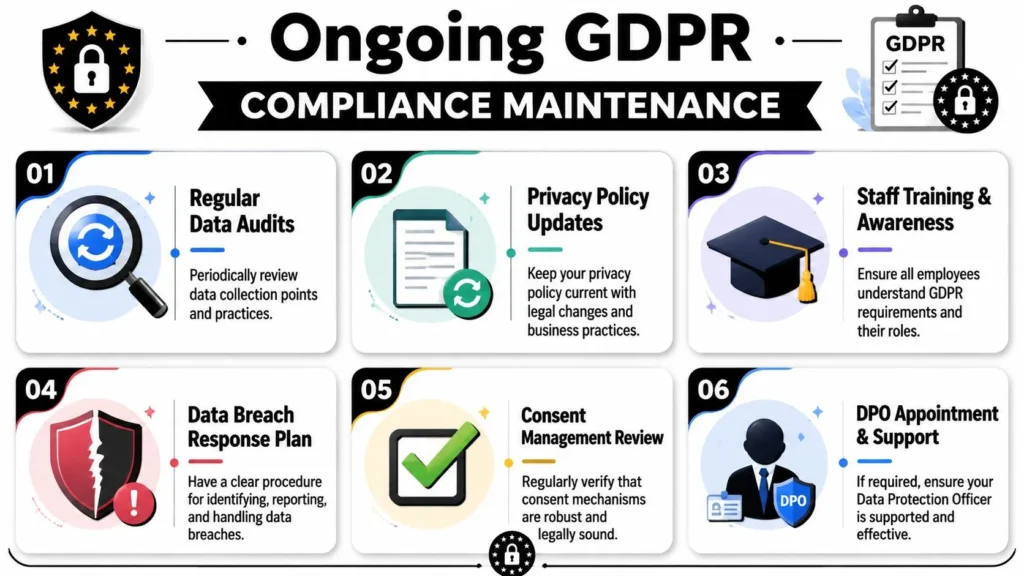 GDPR Compliance for Websites: Your 2026 Guide GDPR compliance maintenance infographic covering audits, policy updates, staff training, breach response, consent review, and DPO support.