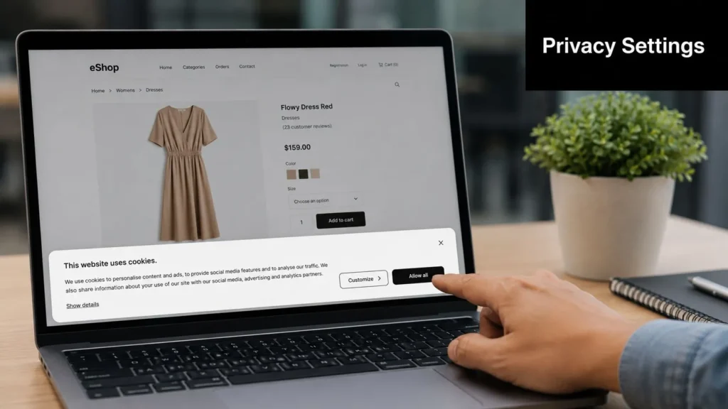 GDPR Compliance for Websites: Your 2026 Guide Laptop displaying an online shop cookie consent banner, with a user selecting privacy and cookie settings.