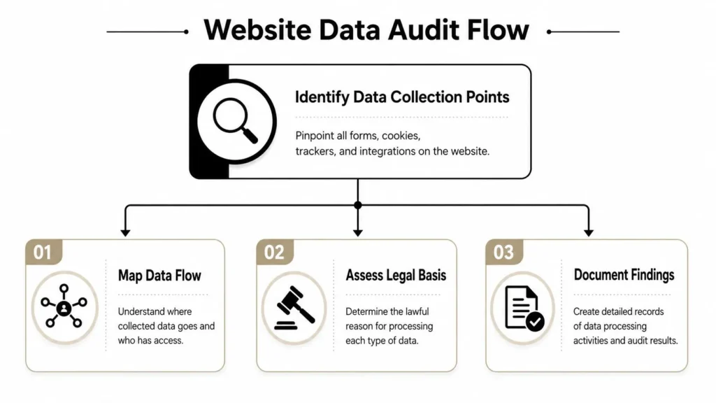 GDPR Compliance for Websites: Your 2026 Guide Website data audit flow infographic showing data collection points, data mapping, legal basis assessment, and findings.