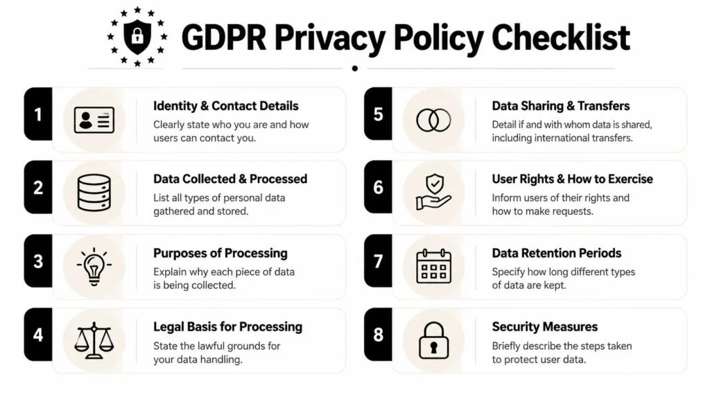 GDPR Compliance for Websites: Your 2026 Guide GDPR privacy policy checklist infographic covering data collection, processing, user rights, retention, sharing, and security.