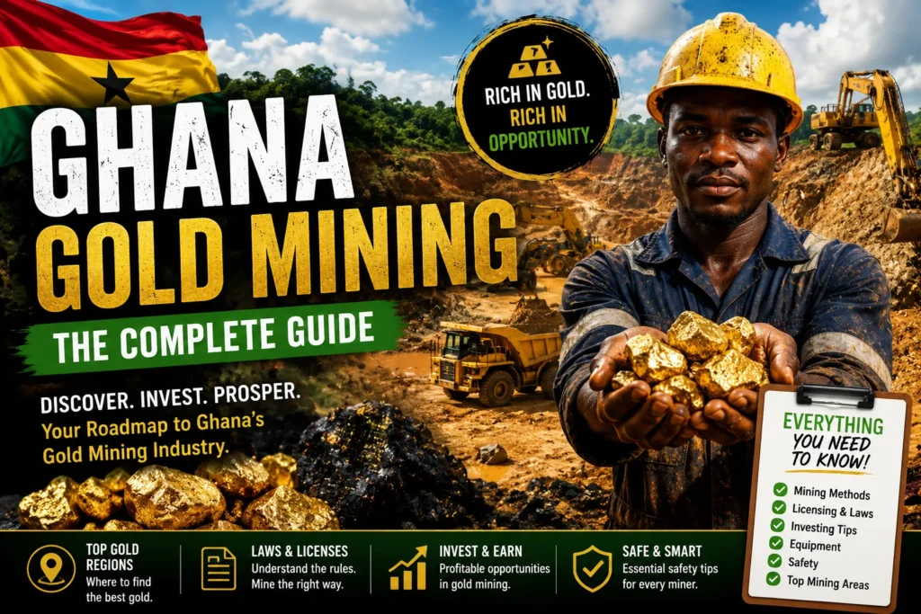 Ghana Gold Mining: The Complete Guide for 2026 Ghana gold mine with heavy machinery and miner holding gold nuggets, showcasing opportunities in the gold industry.
