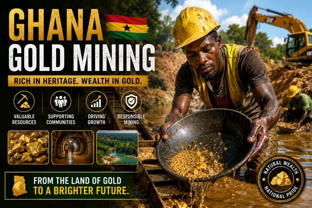 Miner panning for gold at a Ghana mining site with excavators, showcasing gold resources and economic growth.