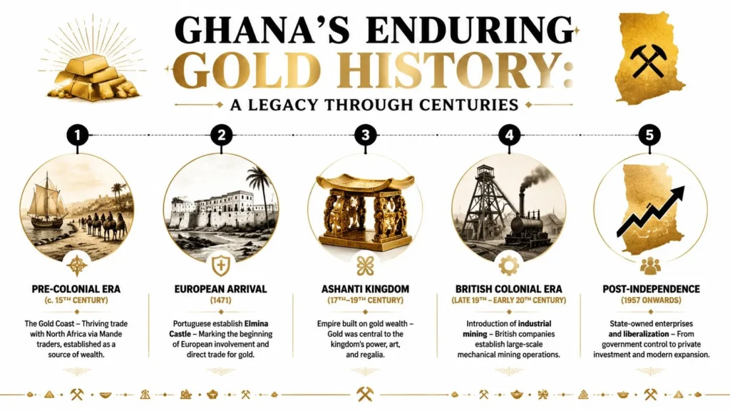 Ghana Gold Mining: An In-Depth Guide for 2026 Infographic timeline of Ghana’s gold history, from pre-colonial trade and Ashanti wealth to modern mining growth.