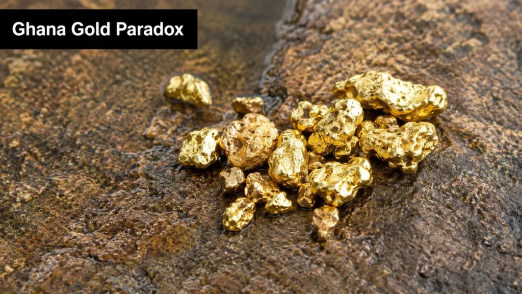 Gold nuggets resting on wet rock surface, illustrating Ghana’s rich gold resources and mining industry challenges.