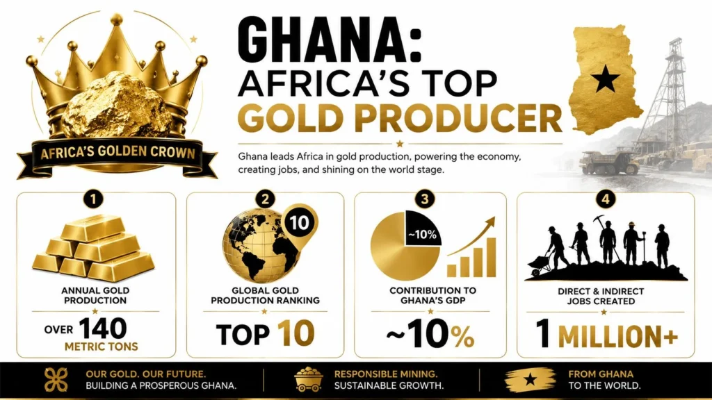 Ghana Gold Mining: An In-Depth Guide for 2026 Infographic highlighting Ghana as Africa’s top gold producer, with production, GDP impact, rankings, and jobs data.
