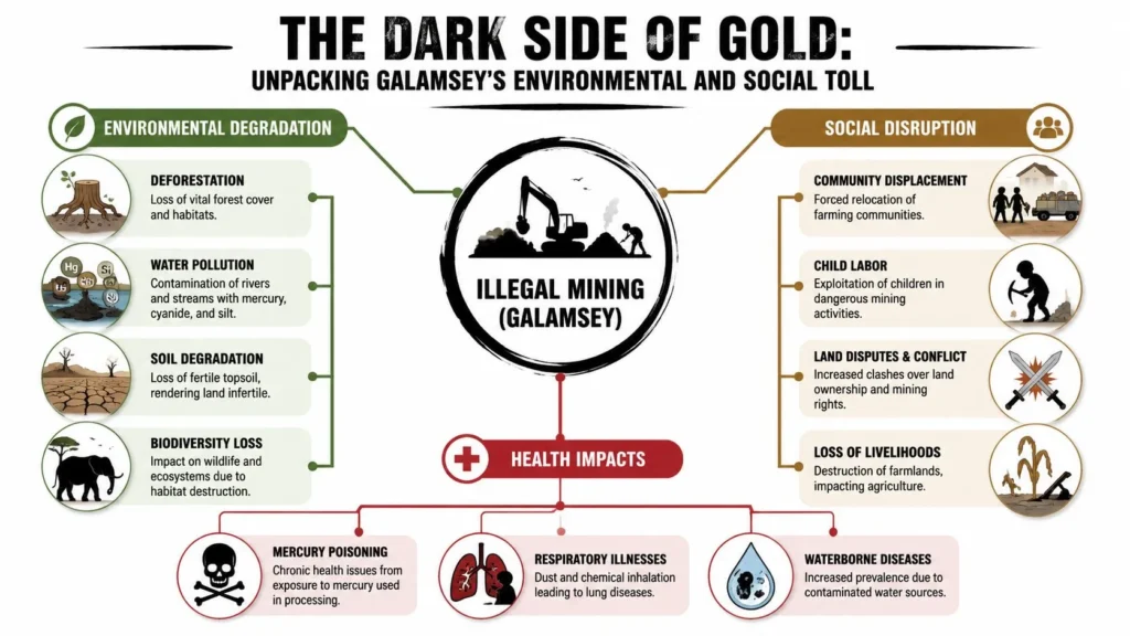 Ghana Gold Mining: An In-Depth Guide for 2026 Infographic on illegal gold mining impacts, covering environmental damage, social disruption, and public health risks.