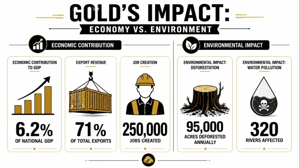Infographic comparing gold mining’s economic benefits and environmental costs, including GDP, exports, jobs, and pollution.