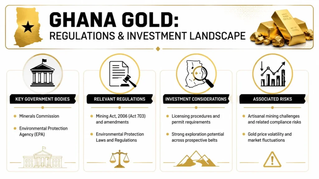 Infographic outlining Ghana gold mining regulations, investment opportunities, government bodies, and associated risks.