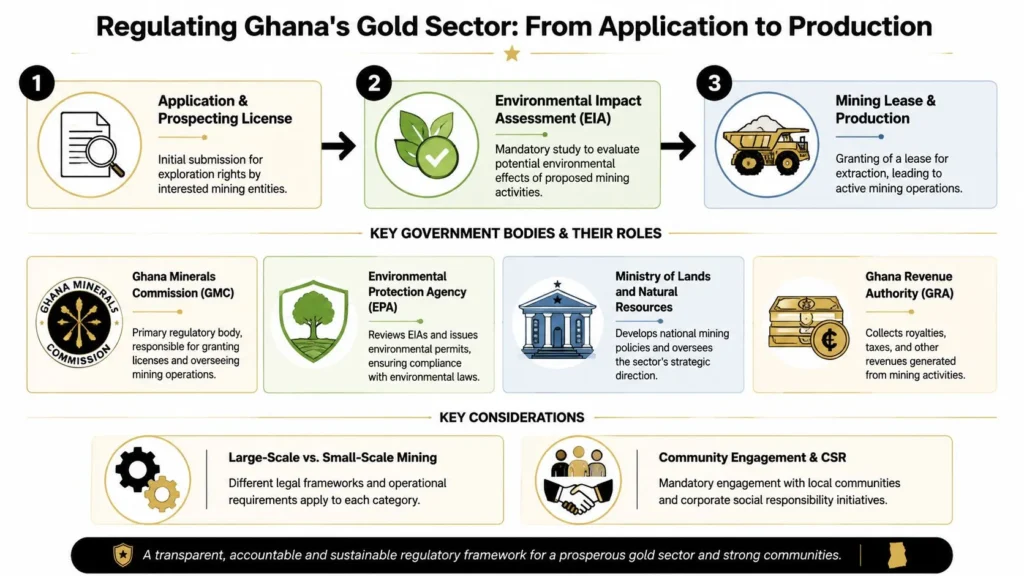 Ghana Gold Mining: An In-Depth Guide for 2026 Infographic outlining Ghana’s gold mining regulations, licensing process, government agencies, and compliance requirements.