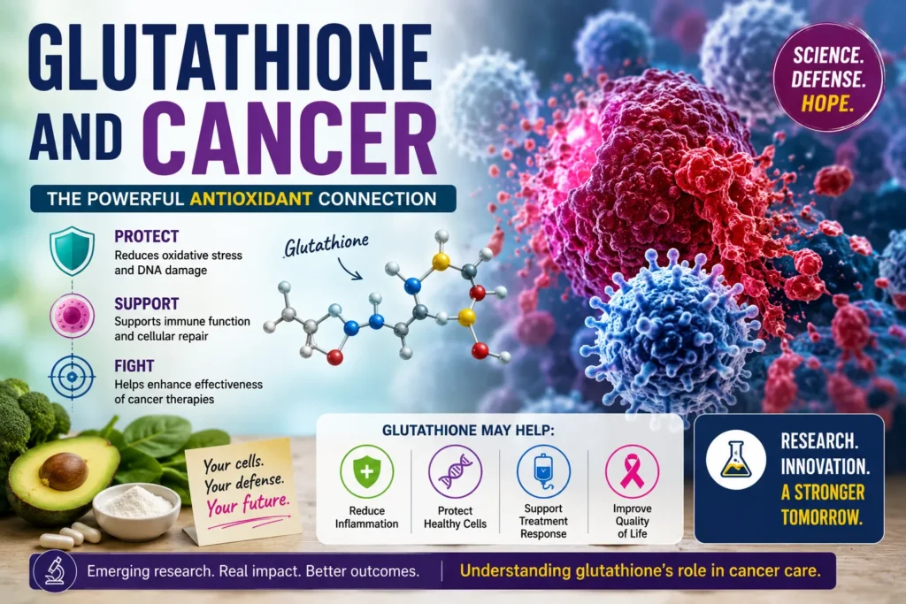 Medical infographic on glutathione and cancer featuring antioxidant molecules, immune cells, and cancer research visuals.