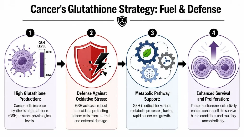 Glutathione and Cancer: Friend or Foe in 2026? Infographic showing how glutathione supports cancer cell survival through antioxidant defense, metabolism, and growth.