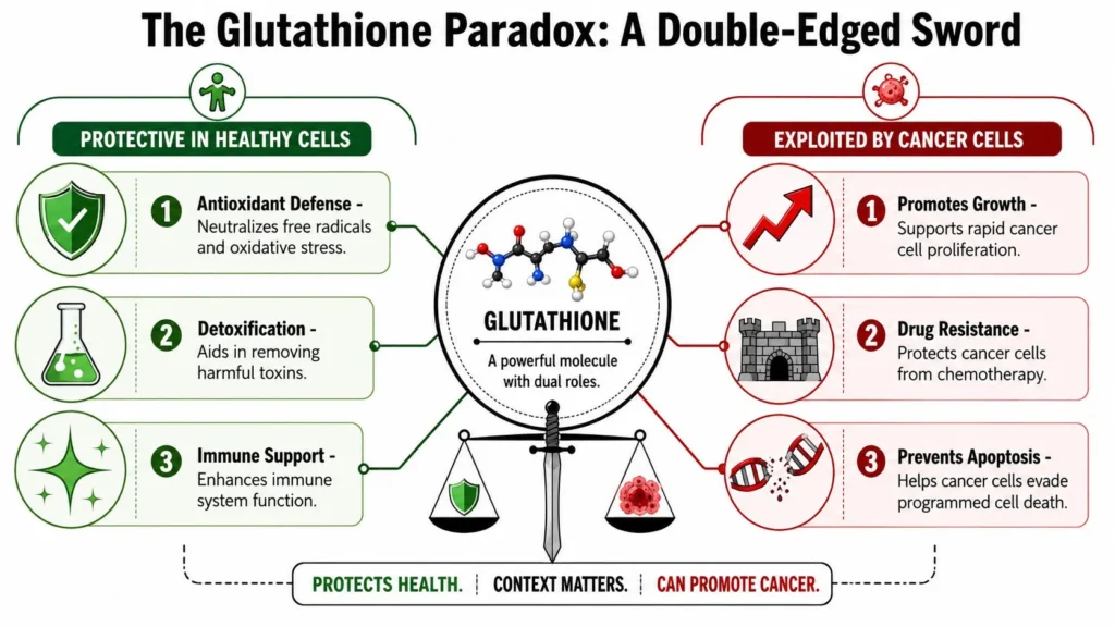 Glutathione and Cancer: Friend or Foe in 2026? Infographic showing glutathione’s dual role in health and cancer, highlighting benefits and risks in different contexts.
