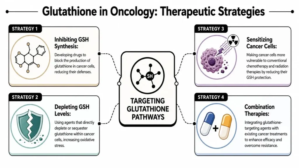Glutathione and Cancer: Friend or Foe in 2026? Infographic outlining glutathione-targeting cancer therapies, including inhibition, depletion, sensitization, and combination treatments.