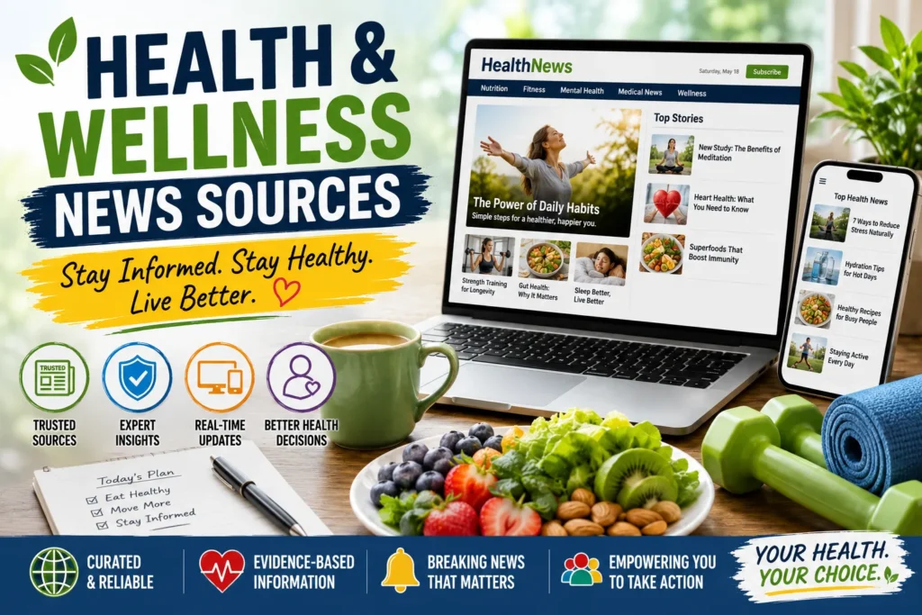 Laptop and smartphone displaying health news beside healthy foods and fitness gear, promoting trusted wellness news sources.