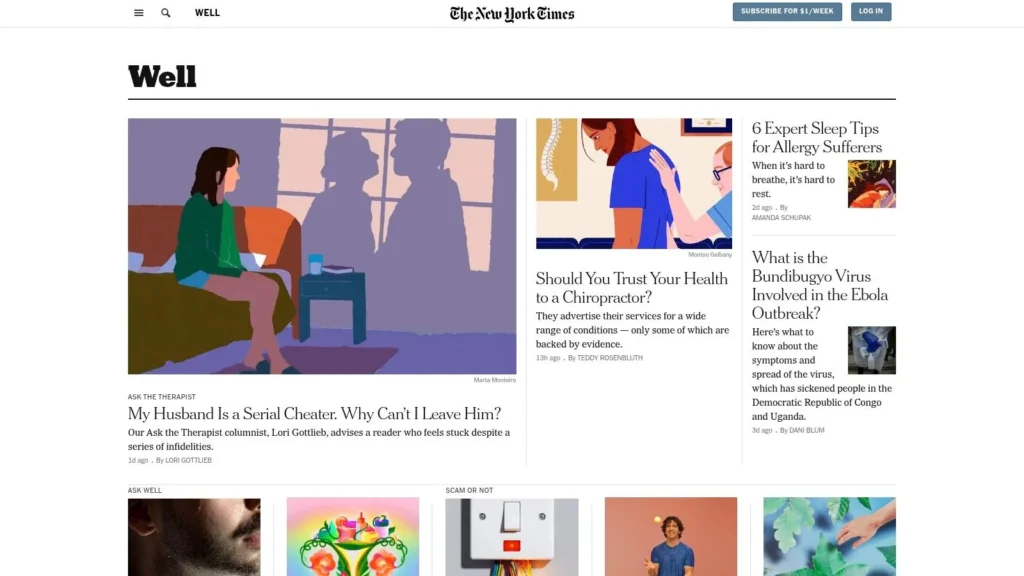New York Times Well section homepage featuring wellness articles, health advice, sleep tips, and medical news stories.