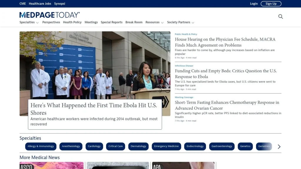 MedPage Today homepage featuring medical news, public health updates, specialty topics, and healthcare headlines.