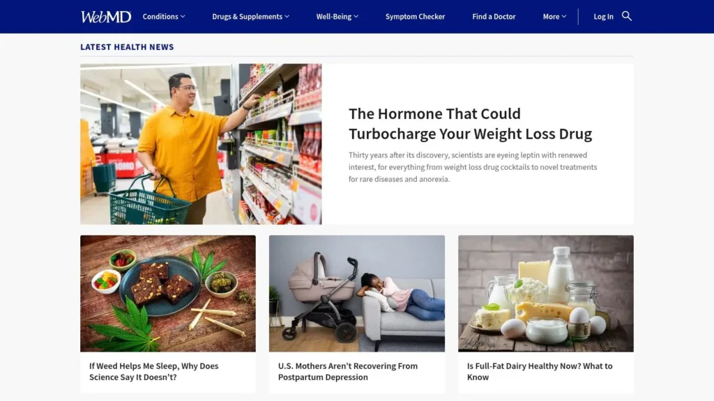 WebMD health news homepage featuring articles on weight loss, sleep, postpartum depression, and nutrition.