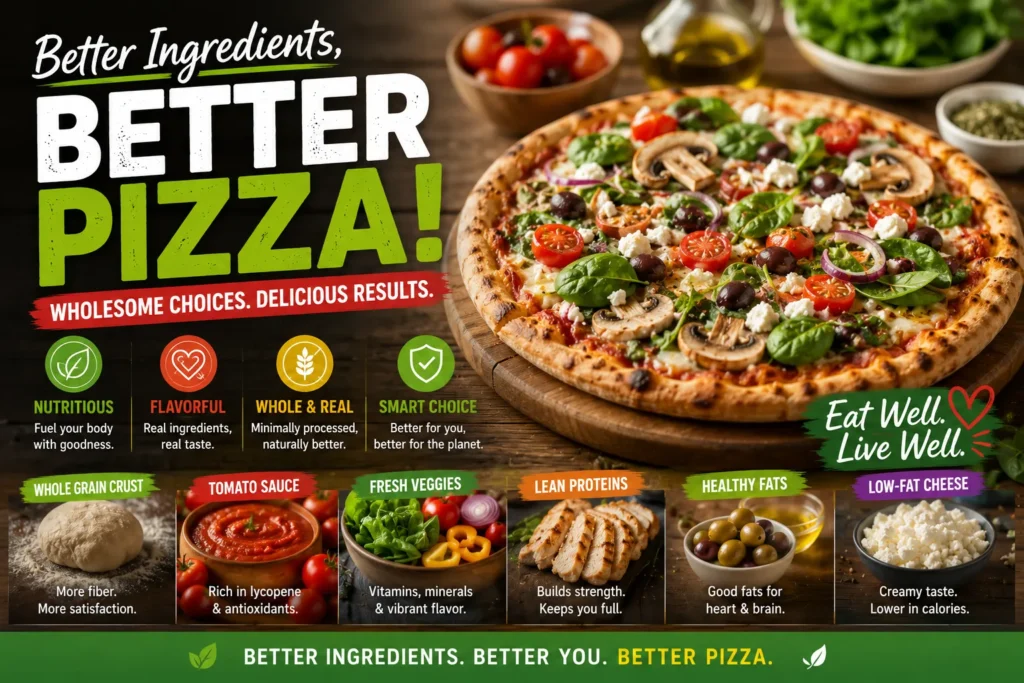 Healthy pizza topped with fresh vegetables, whole-grain crust, lean proteins, and wholesome ingredients.