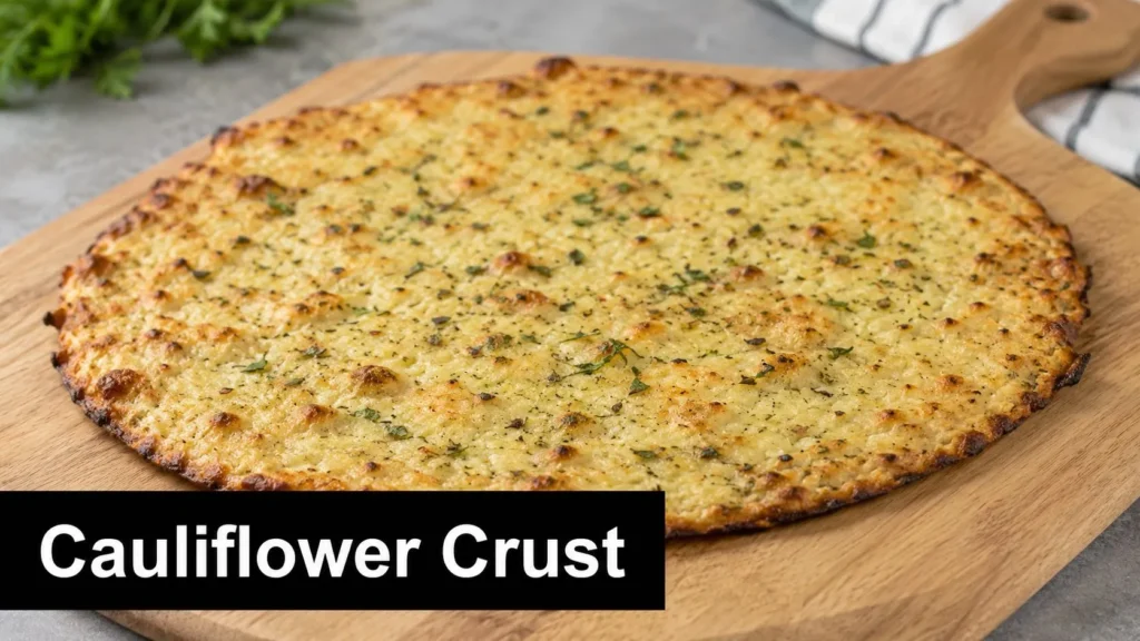 8 Healthy Pizza Ingredients for a Better Slice Golden-brown cauliflower pizza crust on a wooden board, baked with herbs and a crispy, low-carb texture.