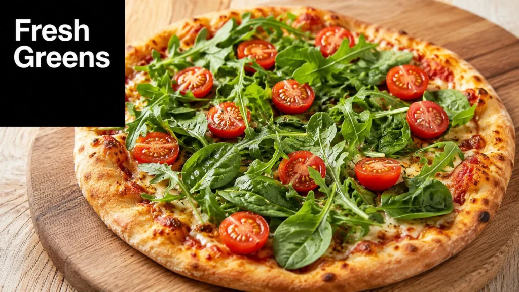 8 Healthy Pizza Ingredients for a Better Slice Fresh pizza topped with leafy greens, cherry tomatoes, and melted cheese on a wooden serving board.