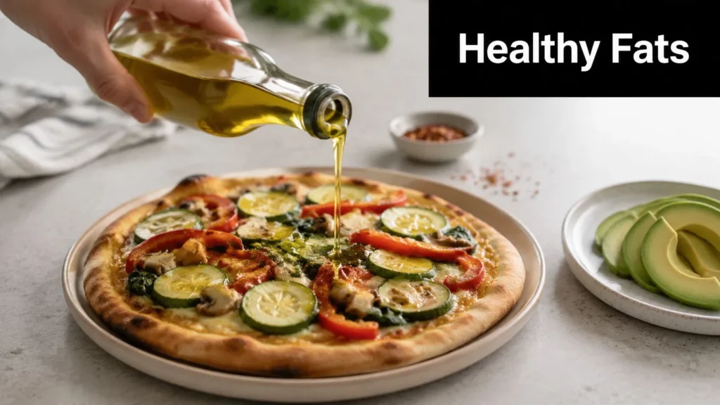 8 Healthy Pizza Ingredients for a Better Slice Olive oil poured over a vegetable pizza with zucchini, peppers, and avocado, highlighting healthy fats.