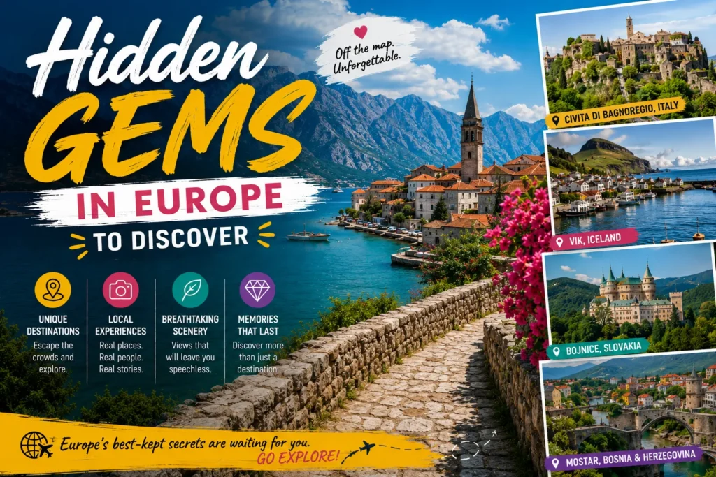 Scenic European coastal village with turquoise waters, mountain backdrop, colorful flowers, and hidden travel destinations.
