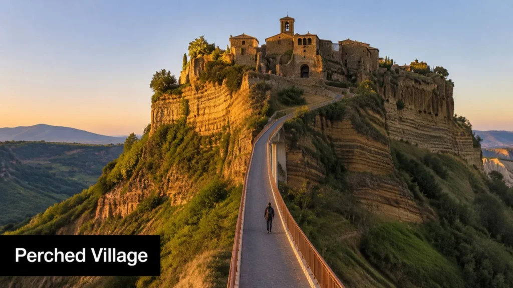 10 Hidden Gems in Europe to Discover in 2026 Ancient cliffside village connected by a narrow bridge, perched above a scenic valley at golden hour.