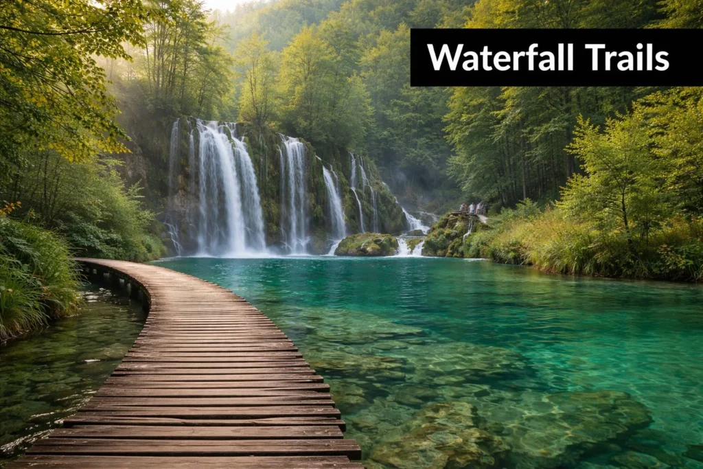 10 Hidden Gems in Europe to Discover in 2026 Wooden boardwalk beside turquoise water and cascading waterfalls in a lush forest hiking destination.