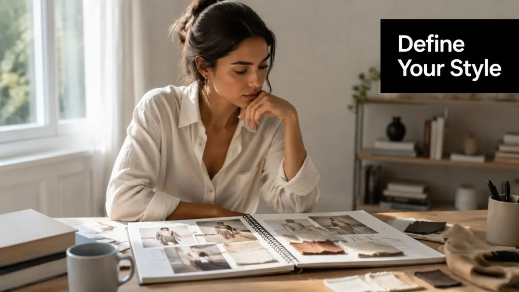 How to Build a Wardrobe: A Practical 2026 Guide Woman reviewing a fashion mood board with fabric swatches at a sunlit desk, thoughtfully defining her style.