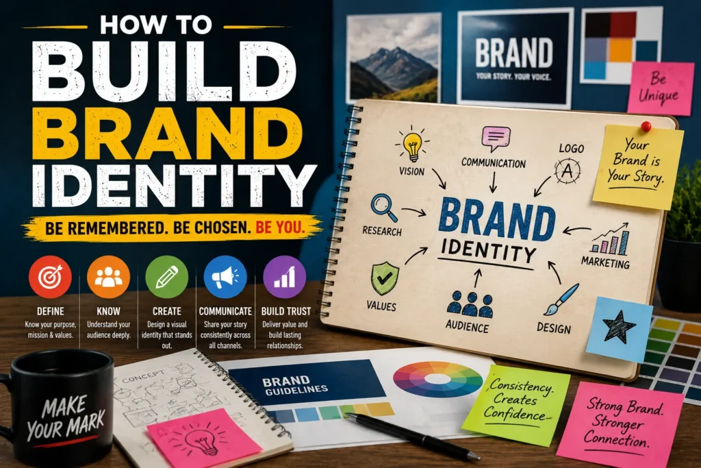 Brand identity design workspace with logos, color palettes, strategy notes, and marketing elements for business branding.