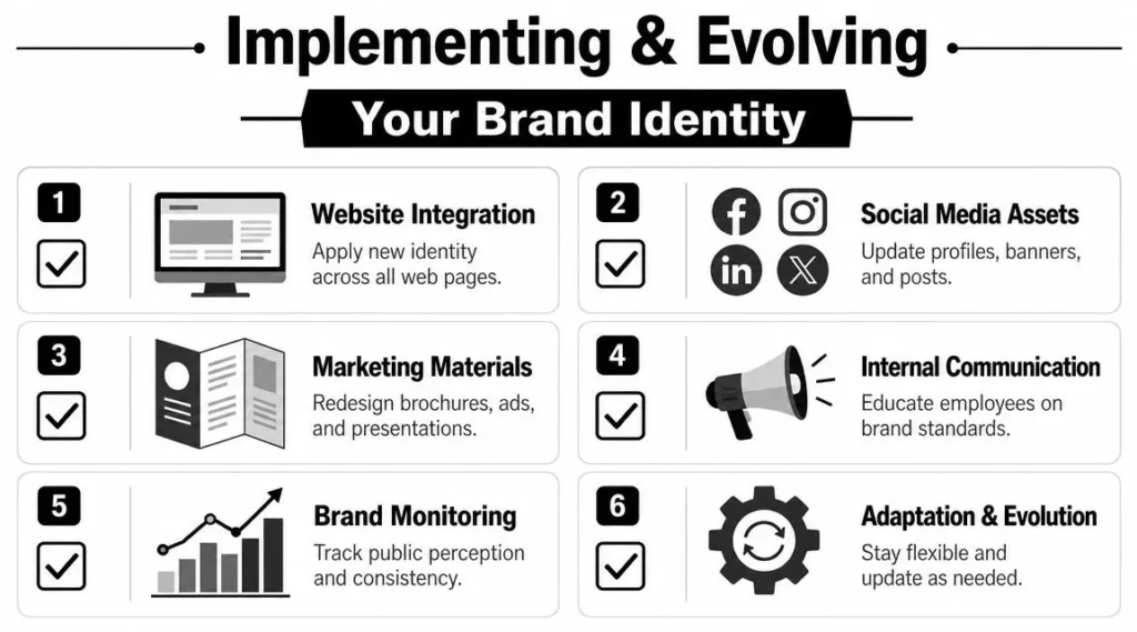 How to Build Brand Identity: A Practical Blueprint Brand identity implementation infographic covering website integration, social media, marketing, monitoring, and evolution.