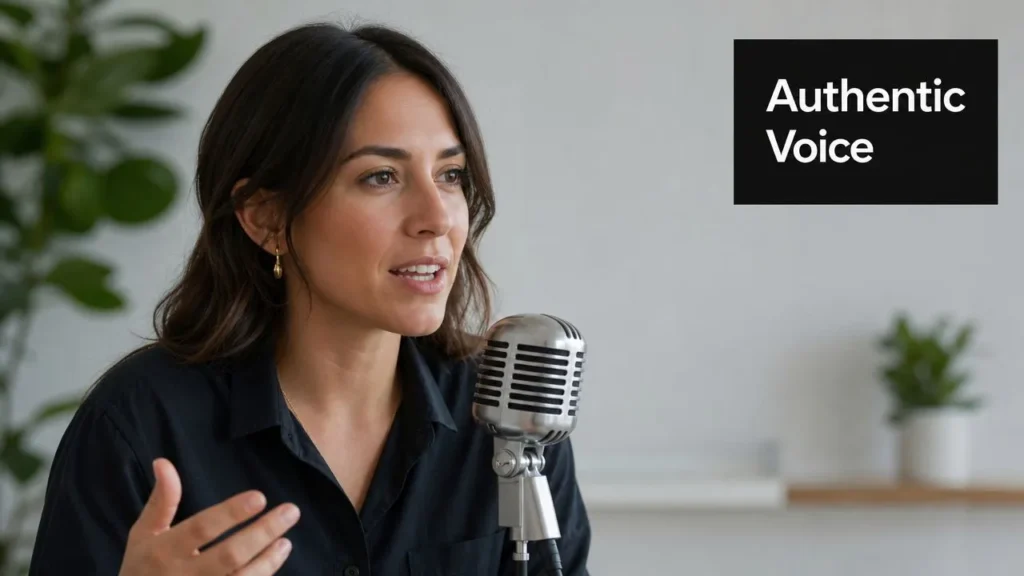 How to Build Brand Identity: A Practical Blueprint Woman speaking into a microphone during a podcast or interview, illustrating authentic brand voice and communication.