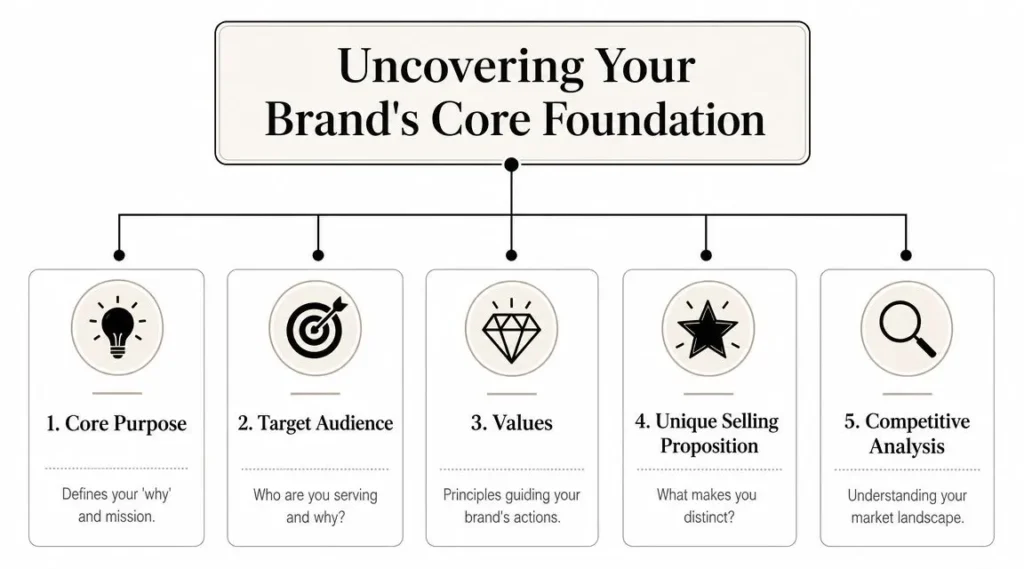 How to Build Brand Identity: A Practical Blueprint Brand identity foundation infographic outlining core purpose, target audience, values, unique selling proposition, and competitor analysis.