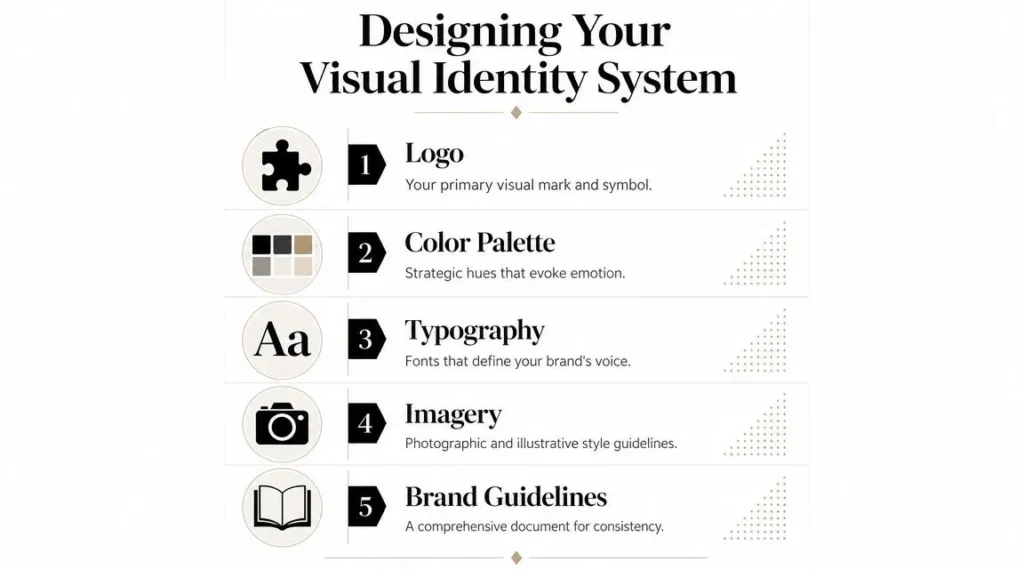 How to Build Brand Identity: A Practical Blueprint Visual identity system infographic covering logo, color palette, typography, imagery, and brand guidelines.