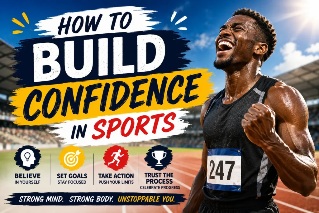 African male athlete celebrating victory on a stadium track with bold confidence-building tips and motivational sports slogan.