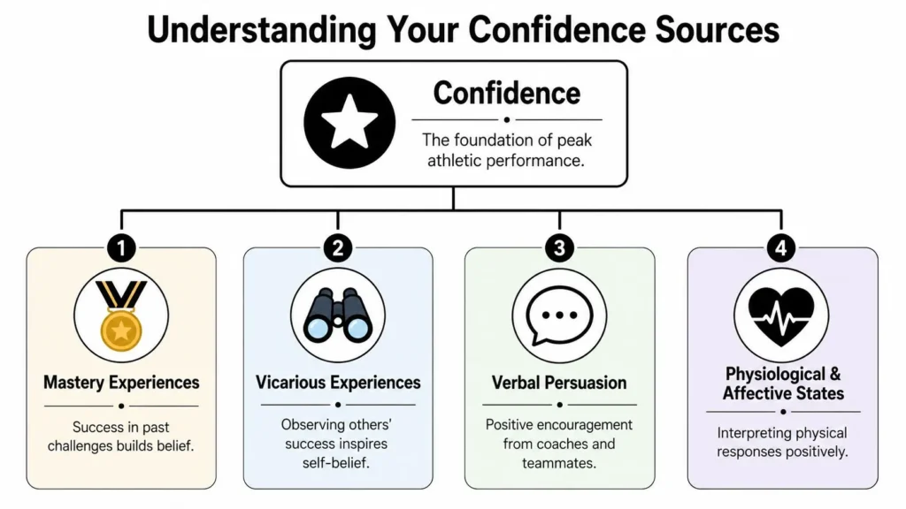 How to Build Confidence in Sports: A 6-Step Program Confidence infographic showing four sources of athletic confidence: mastery, observation, encouragement, and mindset.