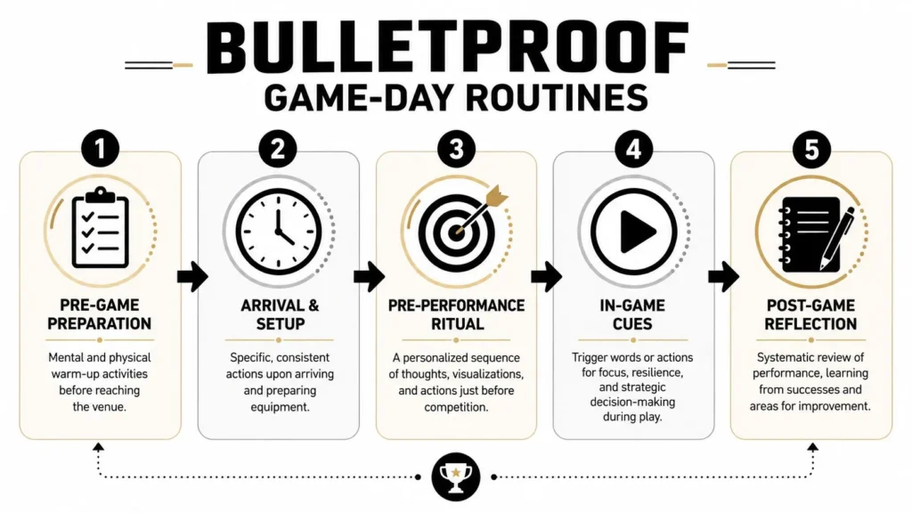 How to Build Confidence in Sports: A 6-Step Program Game-day routine infographic showing preparation, setup, rituals, focus cues, and post-game reflection steps.
