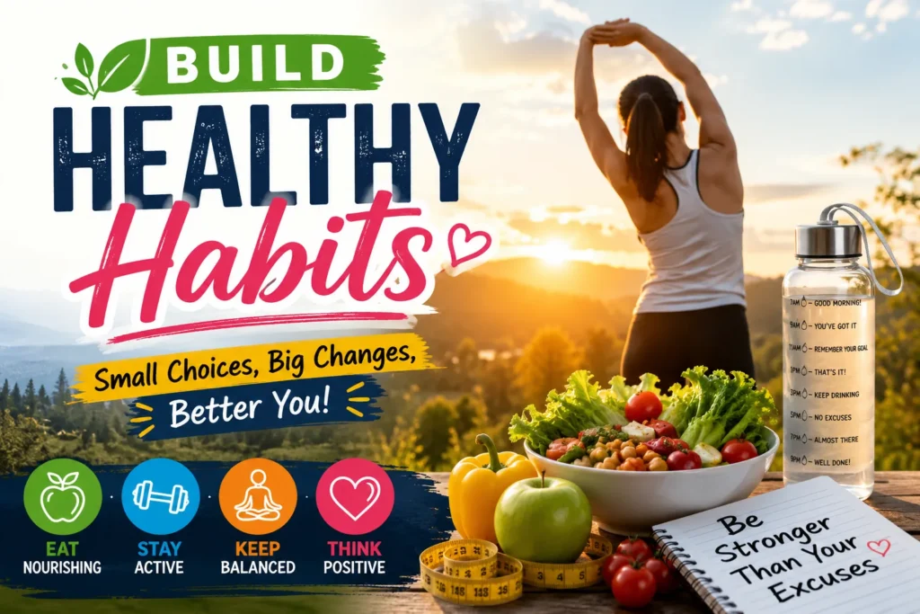 Person stretching at sunrise beside healthy food, water bottle, and motivational text promoting healthy habits.