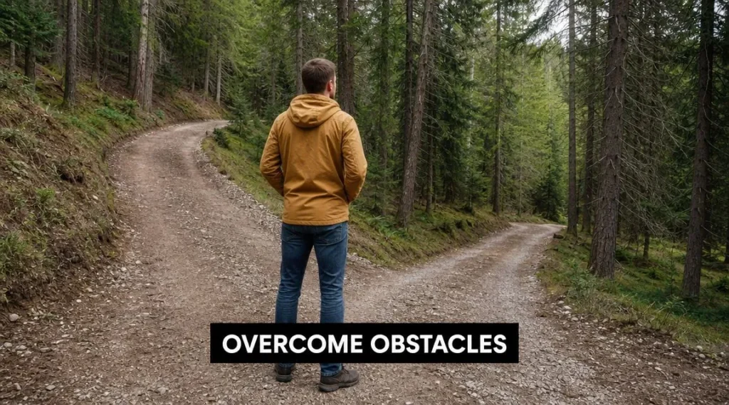How to Build Healthy Habits That Last: Guide 2026 Person standing at a forest trail fork, symbolizing overcoming obstacles and making healthy habit choices.
