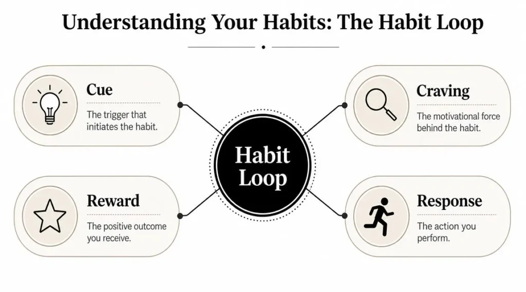 How to Build Healthy Habits That Last: Guide 2026 Habit loop diagram showing cue, craving, response, and reward stages that drive behavior and habit formation.