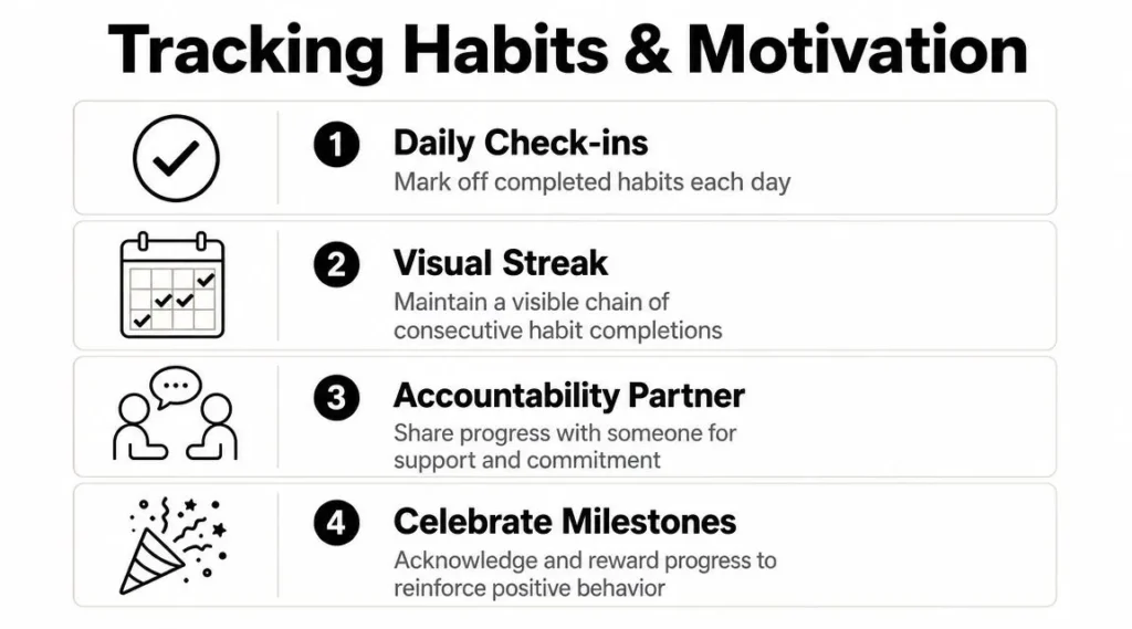 How to Build Healthy Habits That Last: Guide 2026 Habit tracking infographic with daily check-ins, visual streaks, accountability partners, and milestone celebrations.