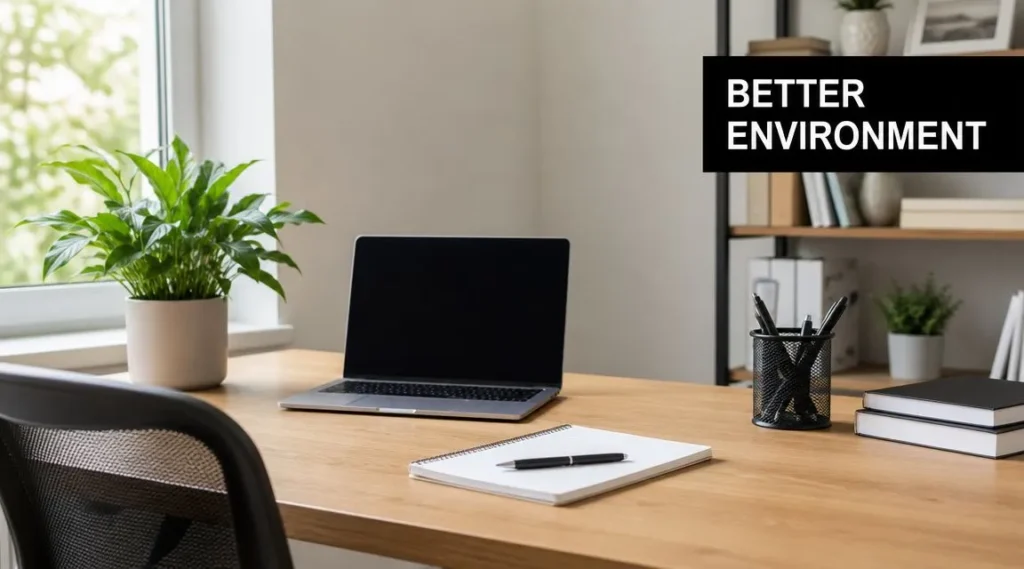 How to Build Healthy Habits That Last: Guide 2026 Minimalist home office with laptop, notebook, plants, and natural light, illustrating a productive habit-friendly workspace.