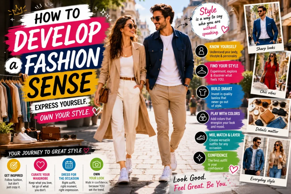 Stylish man and woman walking in a city street with fashion tips, outfit ideas, and personal style inspiration.