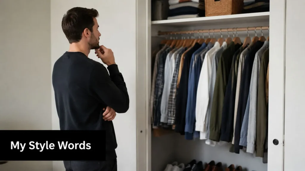 Person thoughtfully reviewing clothes in a wardrobe, choosing outfits and defining a personal fashion style.