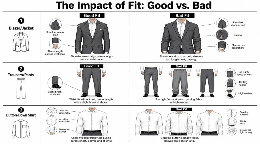 Infographic comparing good vs. bad clothing fit for blazers, trousers, and shirts with tailoring guidelines.