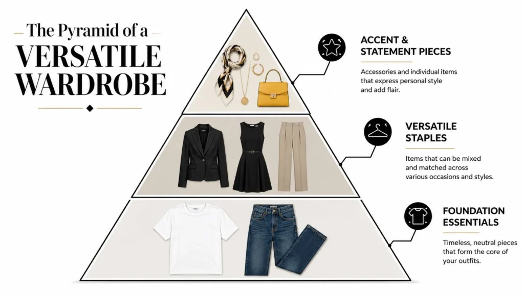 Versatile wardrobe pyramid showing foundation essentials, mix-and-match staples, and statement accessories.