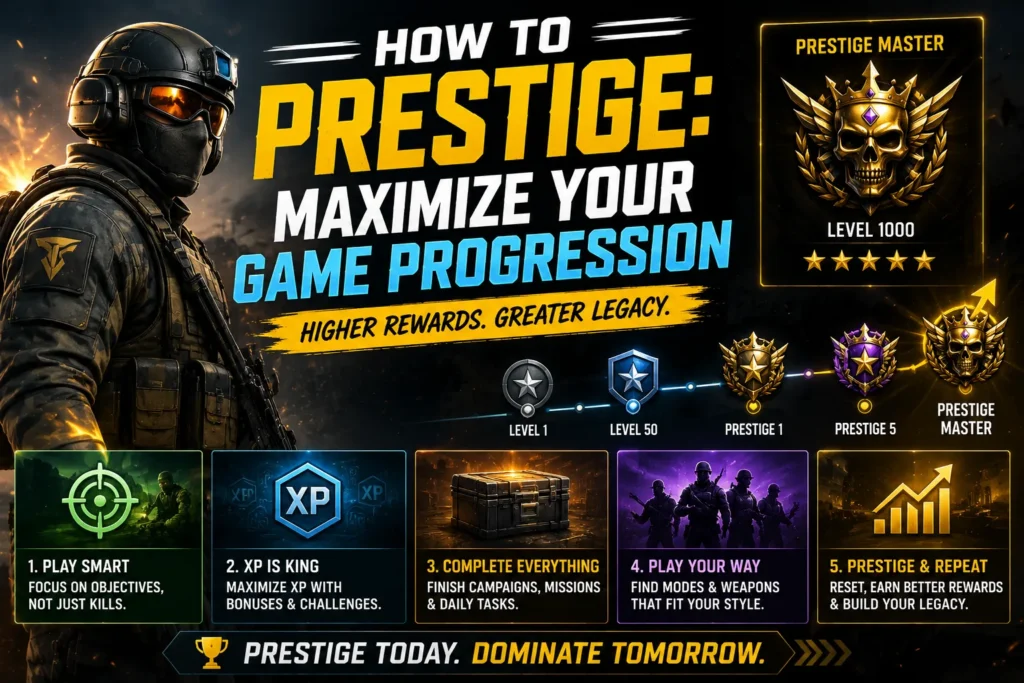 Gaming progression guide with elite soldier, prestige ranks, XP rewards, and tips to maximize advancement and unlock rewards.