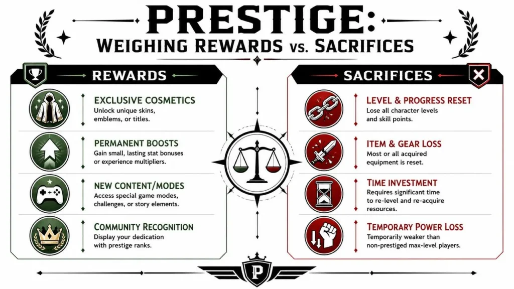 How to Prestige: Maximize Your Game Progression in 2026 Prestige infographic comparing rewards like cosmetics and boosts against sacrifices such as progress resets and gear loss.