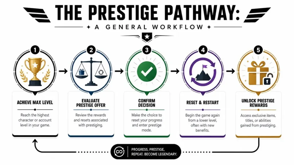 How to Prestige: Maximize Your Game Progression in 2026 Prestige system infographic showing five steps: max level, evaluate, confirm, reset progress, and unlock rewards.