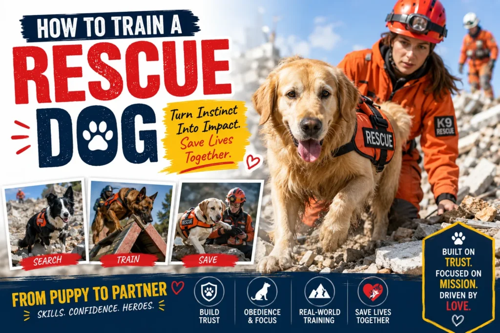 How to Train a Rescue Dog: A Gentle Start Guide Rescue dog training poster featuring search-and-rescue dogs, handlers, obstacle training, and teamwork themes.